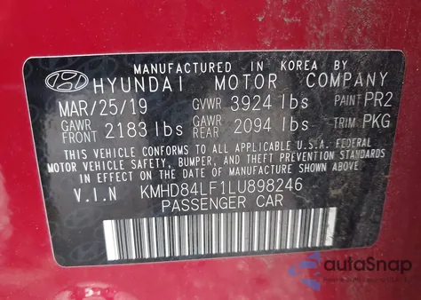 2020 Hyundai Elantra Limited from USA, damaged, VIN KMHD84LF1LU898246